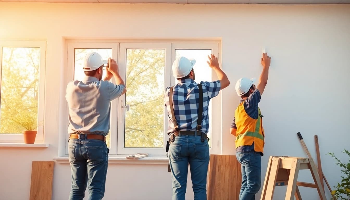 Hausrenovierung mit Handwerkern, die Fenster installieren und Wände streichen, vermittelt eine professionelle Renovierungsatmosphäre.