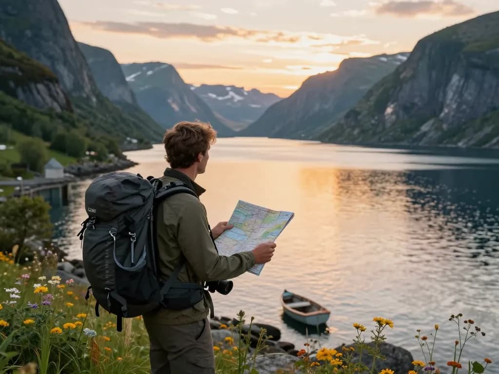 Malersicher Fjordblick für Skandinavien Reisetipps mit Reisenden, die die Natur erkunden.