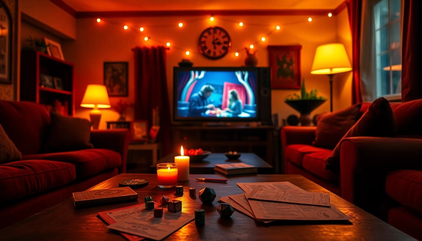 Stranger Things Finale evoking warmth and nostalgia in a cozy 80s-inspired living room scene.