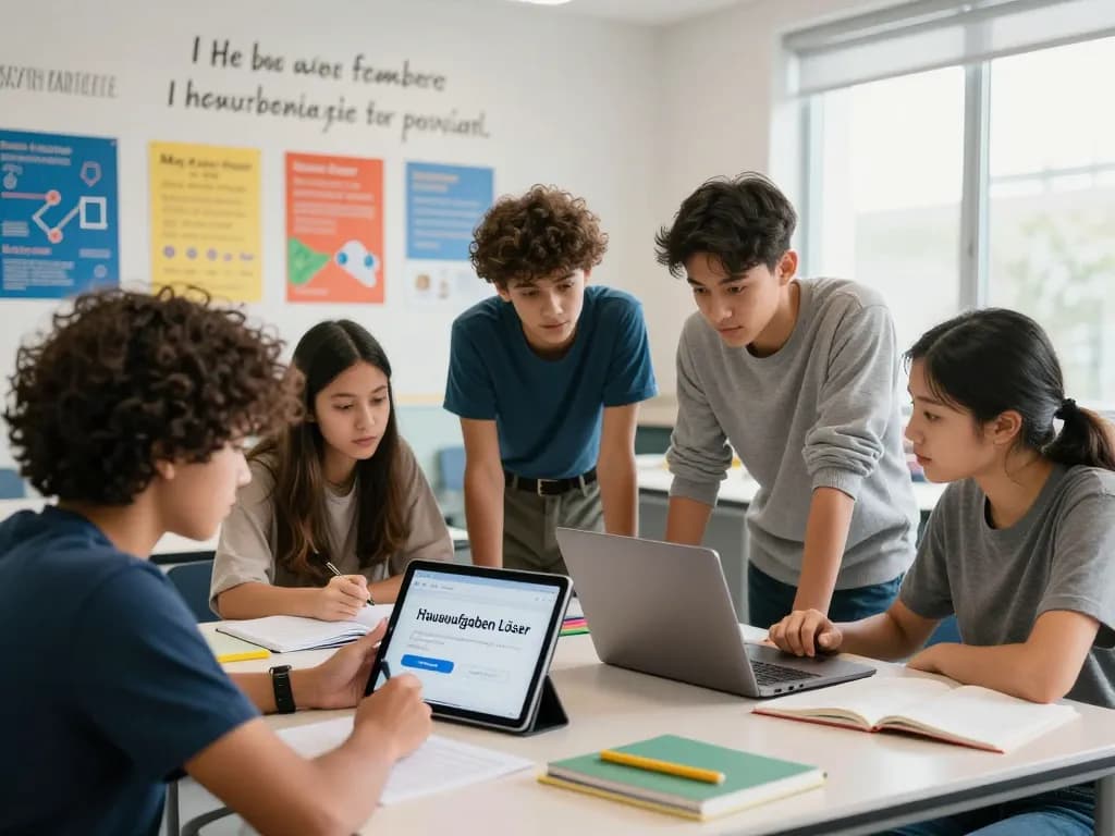 Schüler nutzen die Hausaufgaben Löser-App in einem lebhaften Klassenzimmer