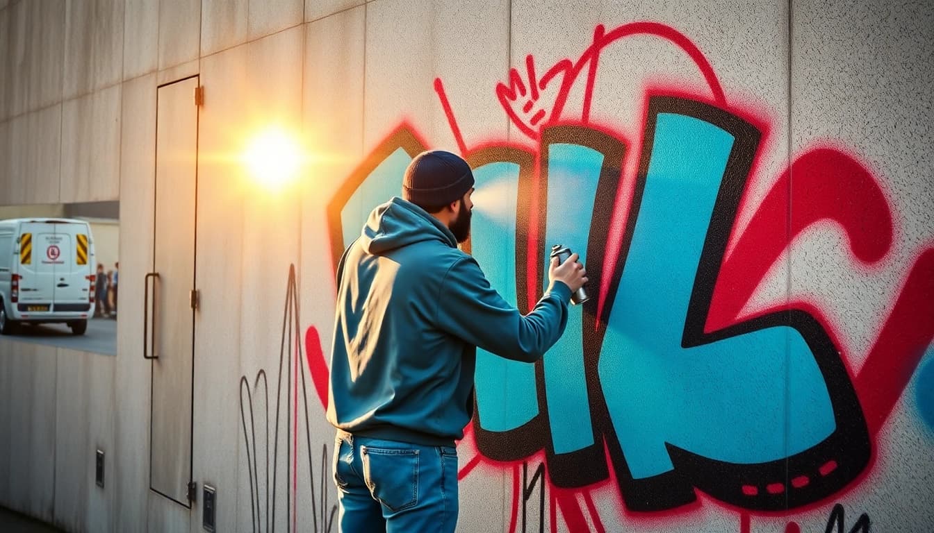 Ein Graffiti-Künstler in München beim Sprühen eines bunten Wandgemäldes, das die kreative Stadtatmosphäre einfängt.