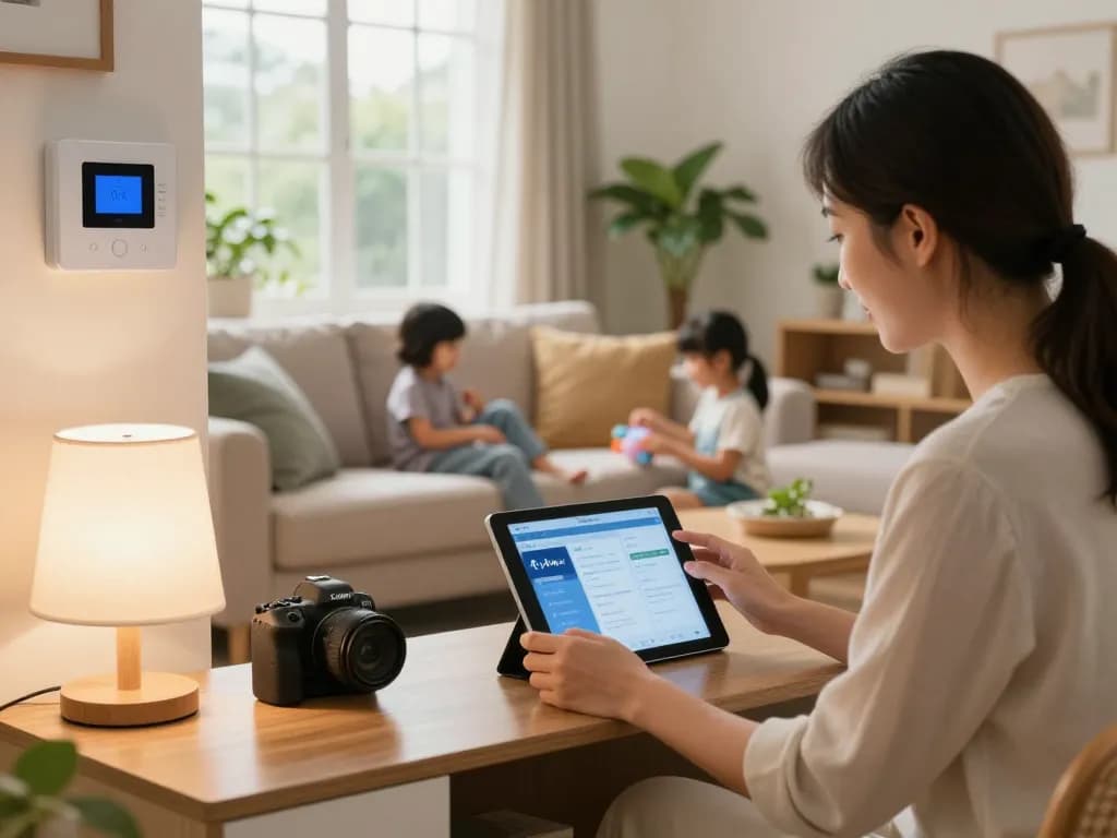 Hausbesitzer, der mit der Ajax Alarmanlage auf einem Tablet in einem gemütlichen Wohnzimmer interagiert, und moderne intelligente Sicherheit zeigt.