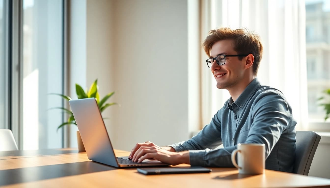 Discovering net salary in Germany while working at a modern desk, showcasing happiness and relief.