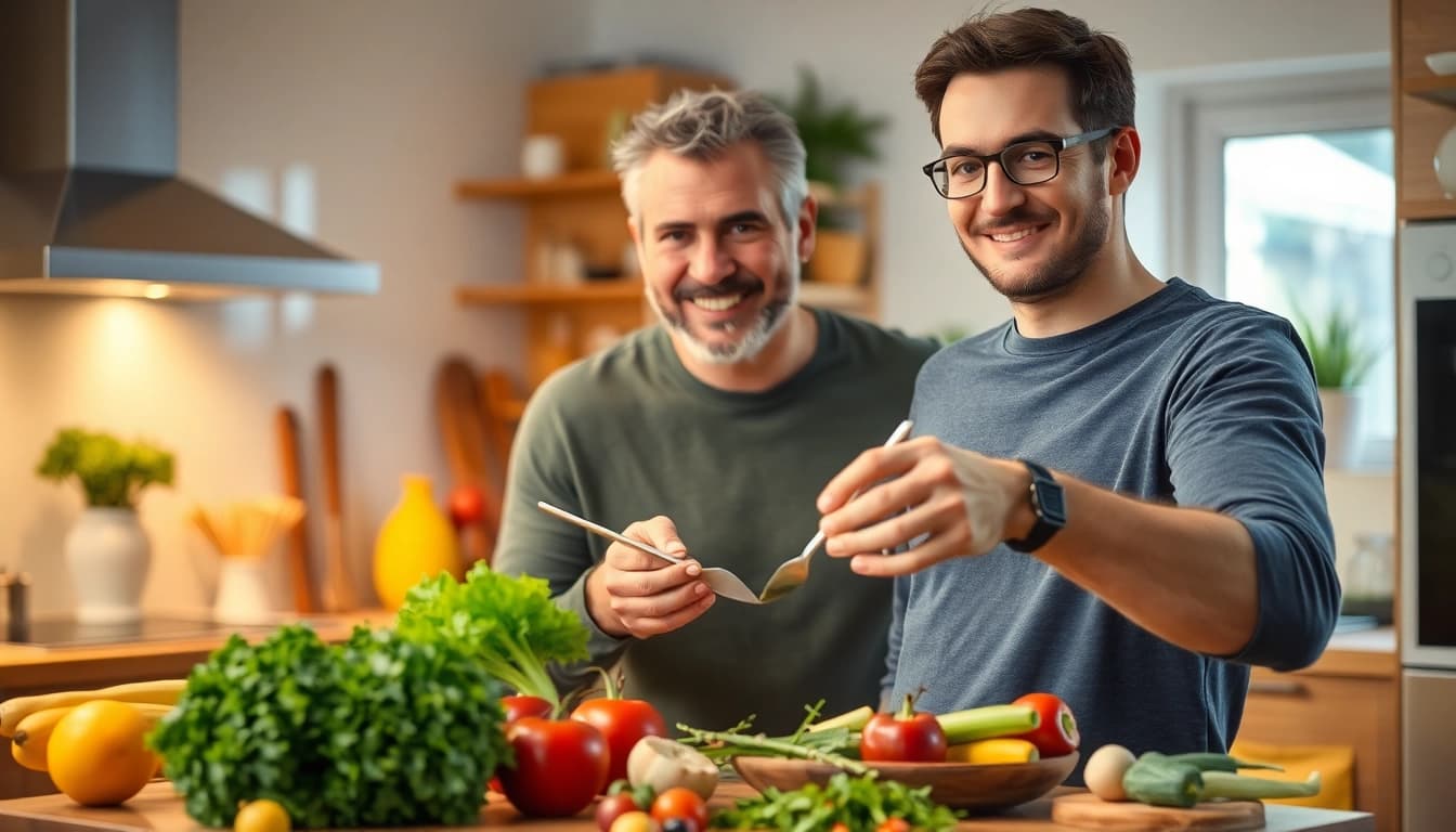 Motivierter Erwachsener bereitet frische Mahlzeit zu, symbolisiert Gewichtsverlust.