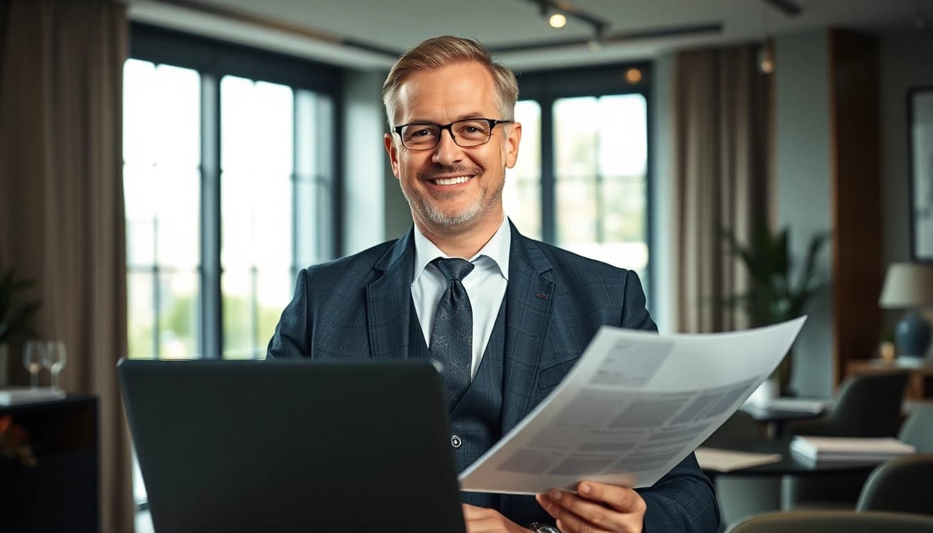 Headhunter Gastronomie berät in einem eleganten Büro, umgeben von Unterlagen.