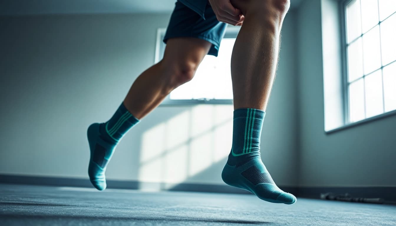 Sportlicher Mann trägt Stasis Socken beim Training in einem hellen, modernen Raum.