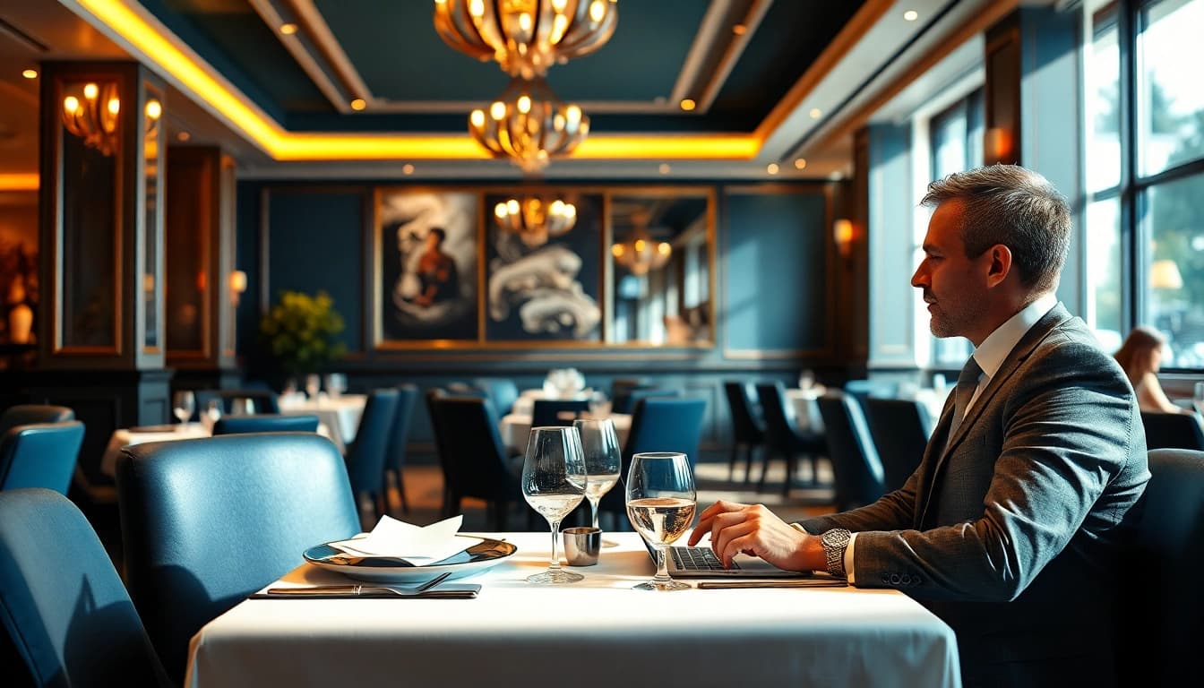 Der Headhunter Gastronomie trifft einen Bewerber in einem eleganten Restaurant, das eine einladende Atmosphäre ausstrahlt.