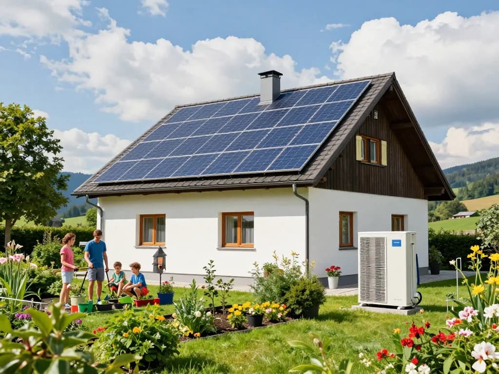 Photovoltaik Bayern: Ein modernes bayerisches Zuhause mit Solarpanelen und einer Wärmepumpe, während eine Familie nachhaltiges Leben genießt.