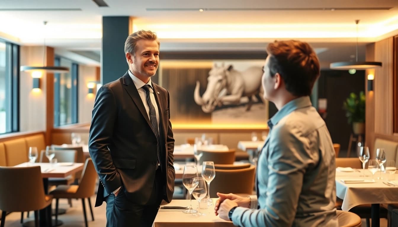 Headhunter Gastronomie im Gespräch mit Bewerber in modernem Restaurant.