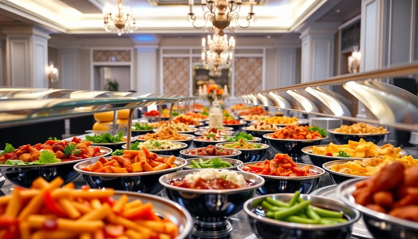 Buffet catering setup with elegant dishes and decor, offering a feast for guests at an event.
