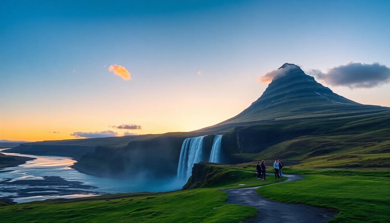 Erleben Sie die faszinierende Natur bei einer Reise nach Island mit Blick auf die Wasserfälle Gullfoss und einen schneebedeckten Vulkan.