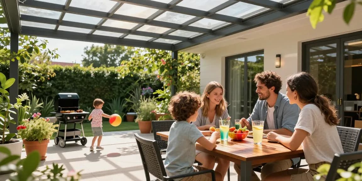 Moderne Terrassenüberdachung in einer gemütlichen Gartenszene mit einer Familie, die zusammen Zeit verbringt.
