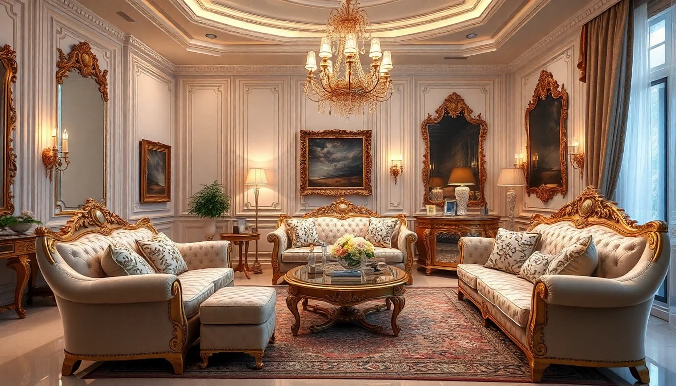 Luxury living space featuring plush furniture and warm lighting for a sophisticated ambiance.