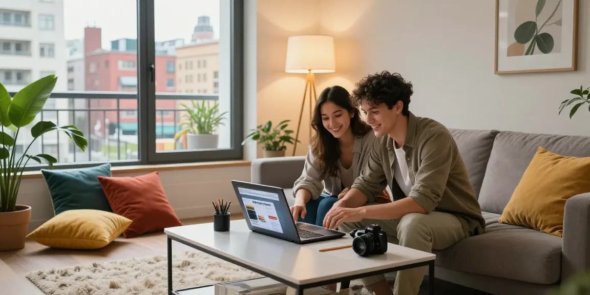 Paar kauft Möbel online mit Laptop im stilvollen Wohnzimmer, Möbel kaufen Thema.