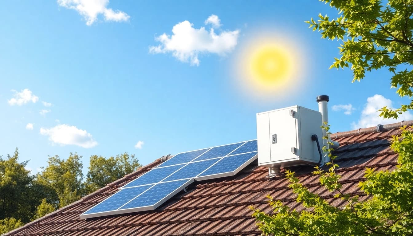 Erfahren Sie, wie funktioniert eine PV Anlage mit einer detaillierten Darstellung einer modernen Solaranlage auf einem Dach, umgeben von sonnigem Himmel.