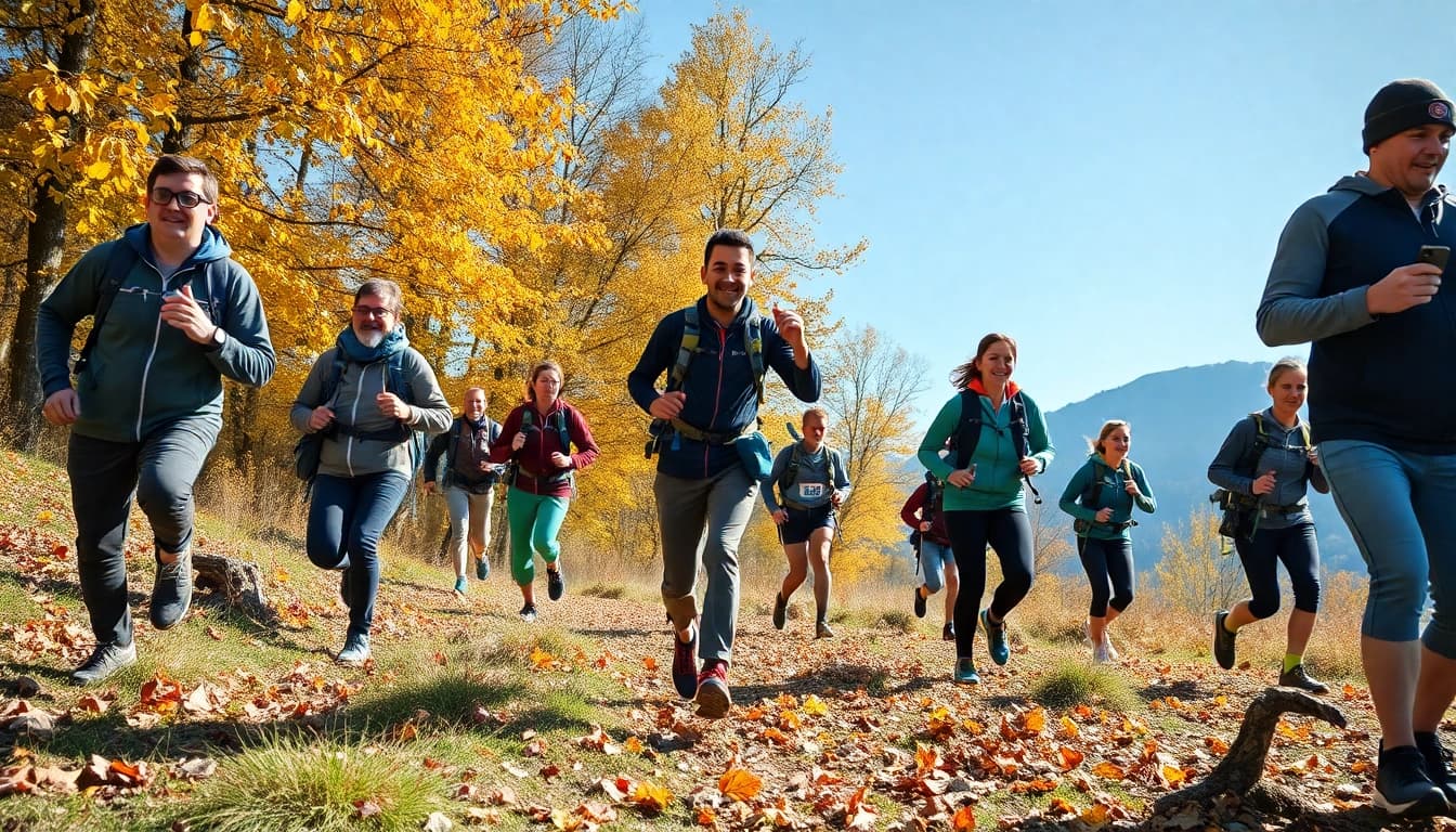 Aufregende Szene beim Wetziker OL Challenge; Teilnehmer navigieren durch malerische Landschaften mit bunten Herbstblättern.
