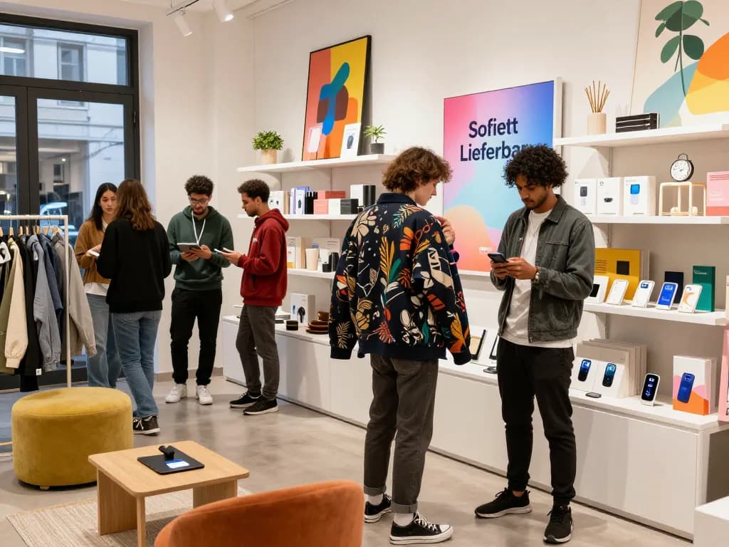 Einkaufserlebnis Sofort Lieferbar in einem trendigen städtischen Geschäft, das verschiedene Kunden zeigt, die mit sofort verfügbaren Produkten interagieren.