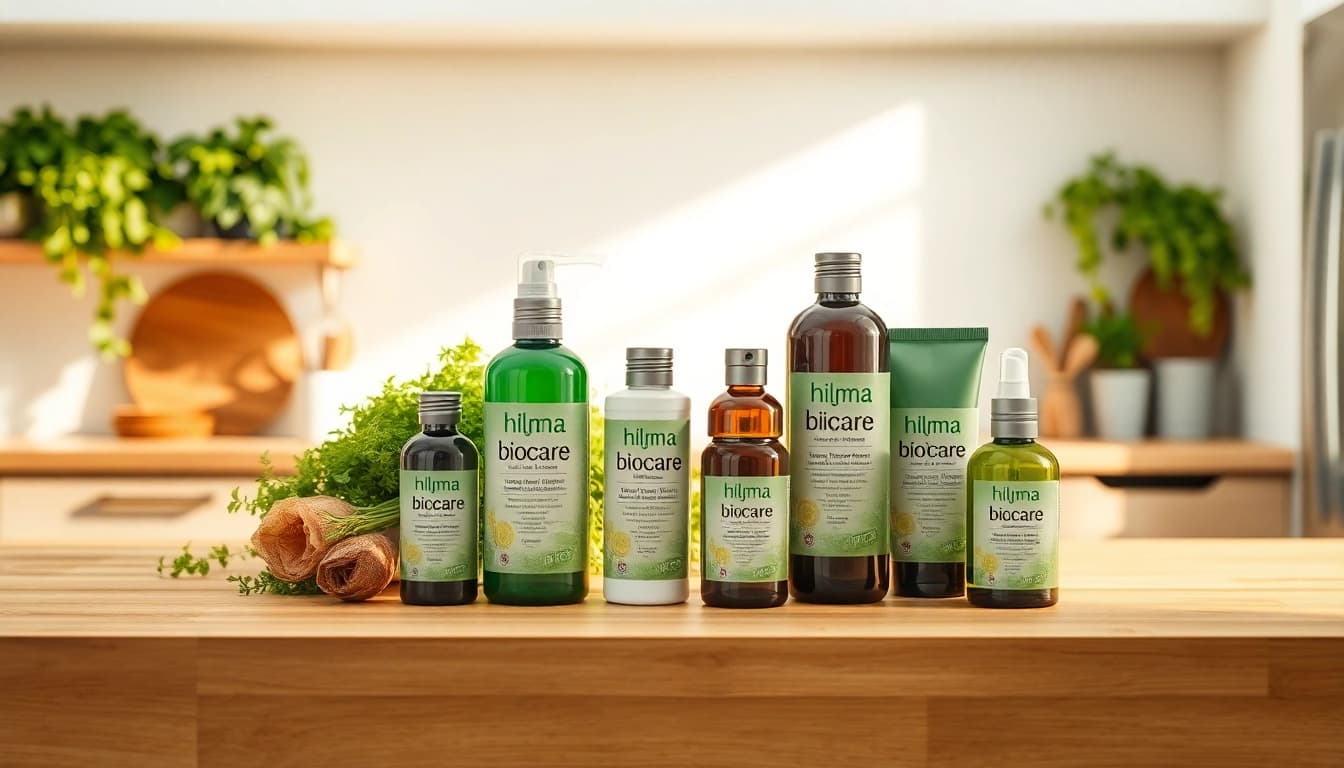 Hilma biocare Produkte schön präsentiert auf einer modernen Küchenarbeitsplatte.