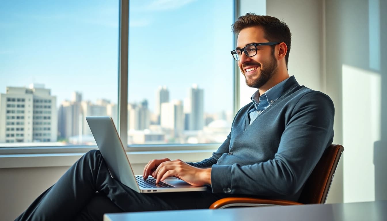 Aktiver Geschäftsführer bei der Direktvermittlung Führungskräfte im modernen Büro mit Laptop.