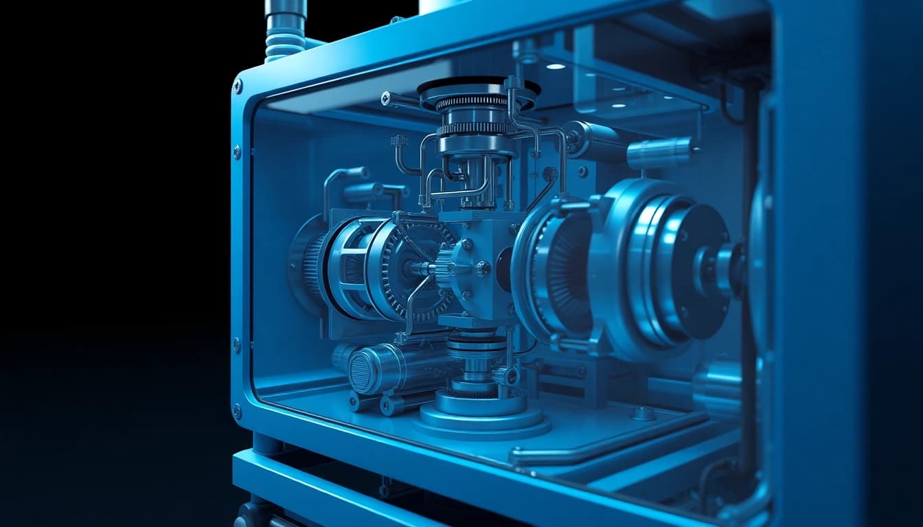 Technische Animation of a complex machine showcasing intricate parts and mechanisms in a visually appealing 3D model.