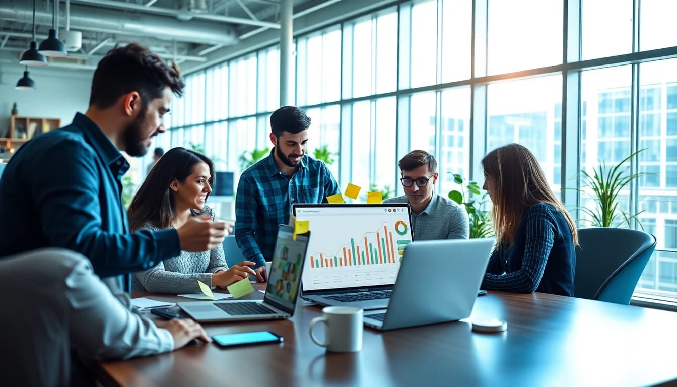 Engaged team using a digital review tracker tool to collaborate on customer insights.