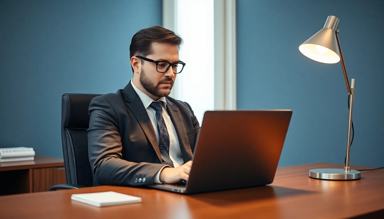 Headhunter analysiert Bewerbungen in einem stilvollen Büro mit warmem Licht.