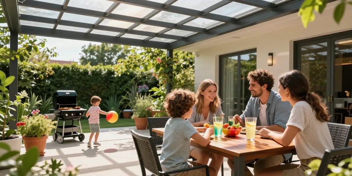 Moderne Terrassenüberdachung in einer gemütlichen Gartenszene mit einer Familie, die zusammen Zeit verbringt.