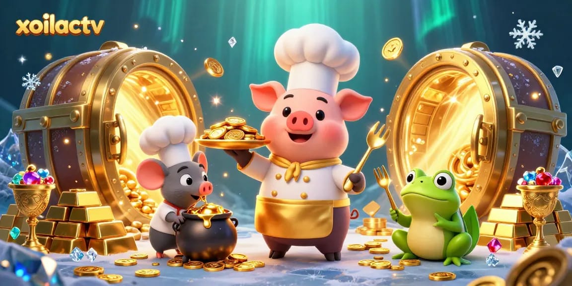 Experience the excitement of gambling with xoilactv's vibrant treasures and cartoon characters in a lively casino scene.