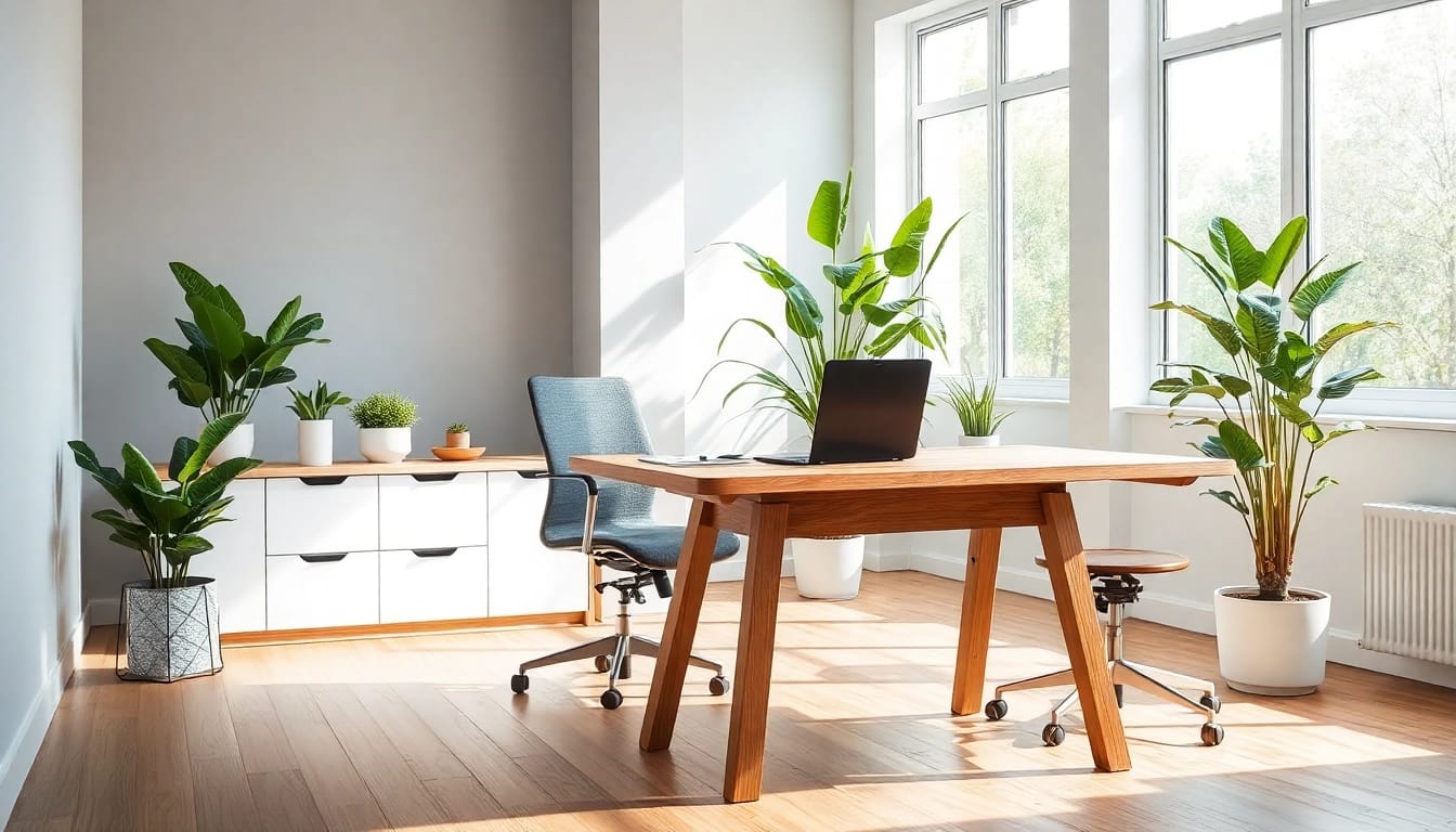 Büromöbel in einem inspirierenden Büroaufbau mit hellem Holzschreibtisch, ergonomischem Stuhl und Pflanzen.
