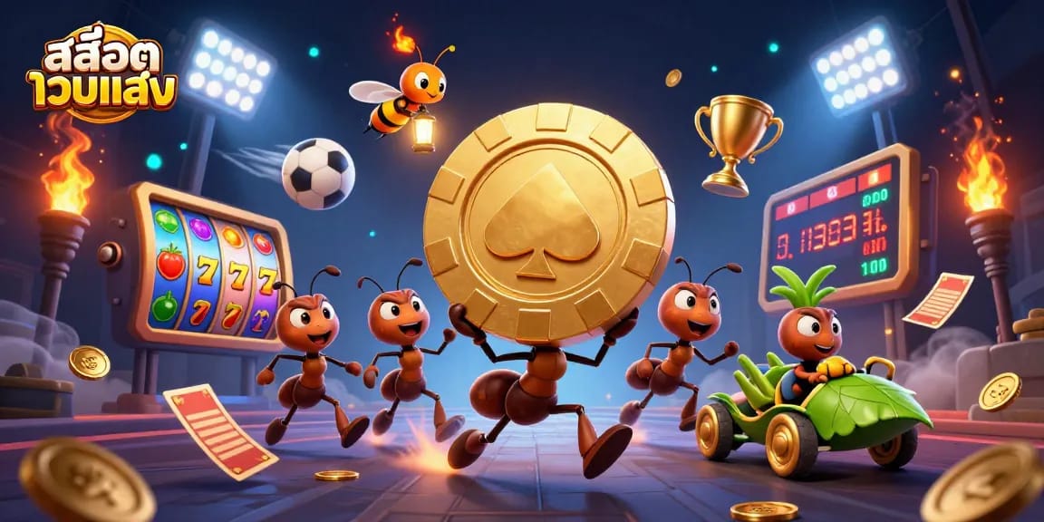 Experience excitement with สล็อตเว็บตรง as animated ants carry a giant golden chip in a vibrant casino heist scene.