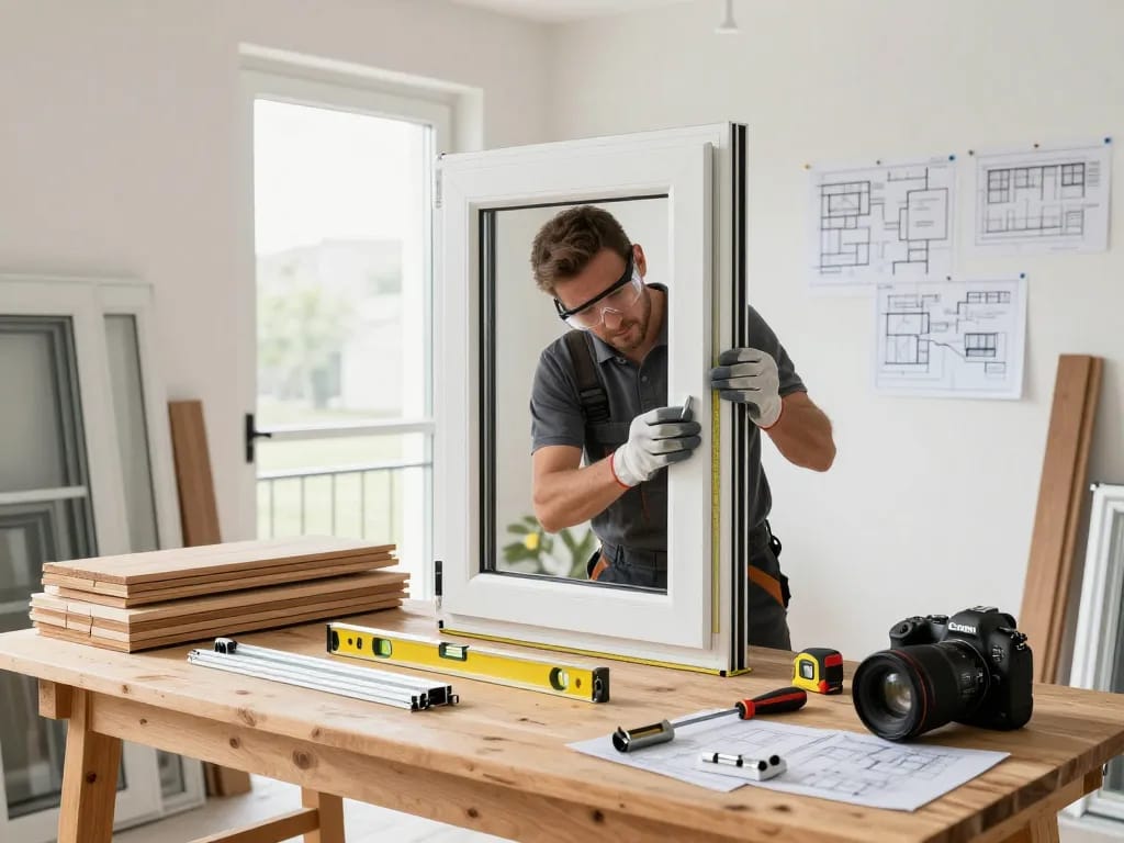Handwerker konzentriert auf die Fensterbau-Fenstermontage in einer hellen Werkstatt.