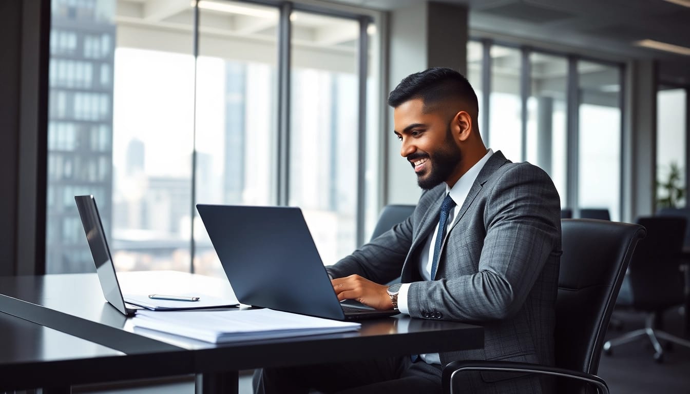 Headhunter Finance in einem modernen Büro, während er Fachliteratur studiert und Kandidaten bewertet.