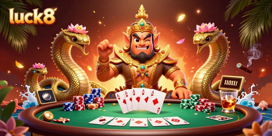 Experience luck8 with a fierce temple guardian and poker excitement in a vibrant casino scene.