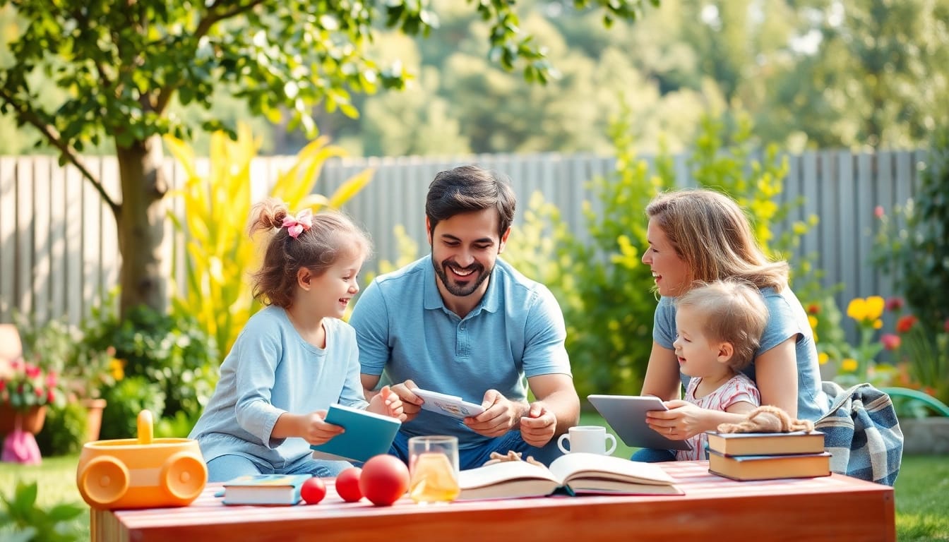Kindererziehung in einer liebevollen Spielsituation zwischen Eltern und Kindern im sonnigen Garten.