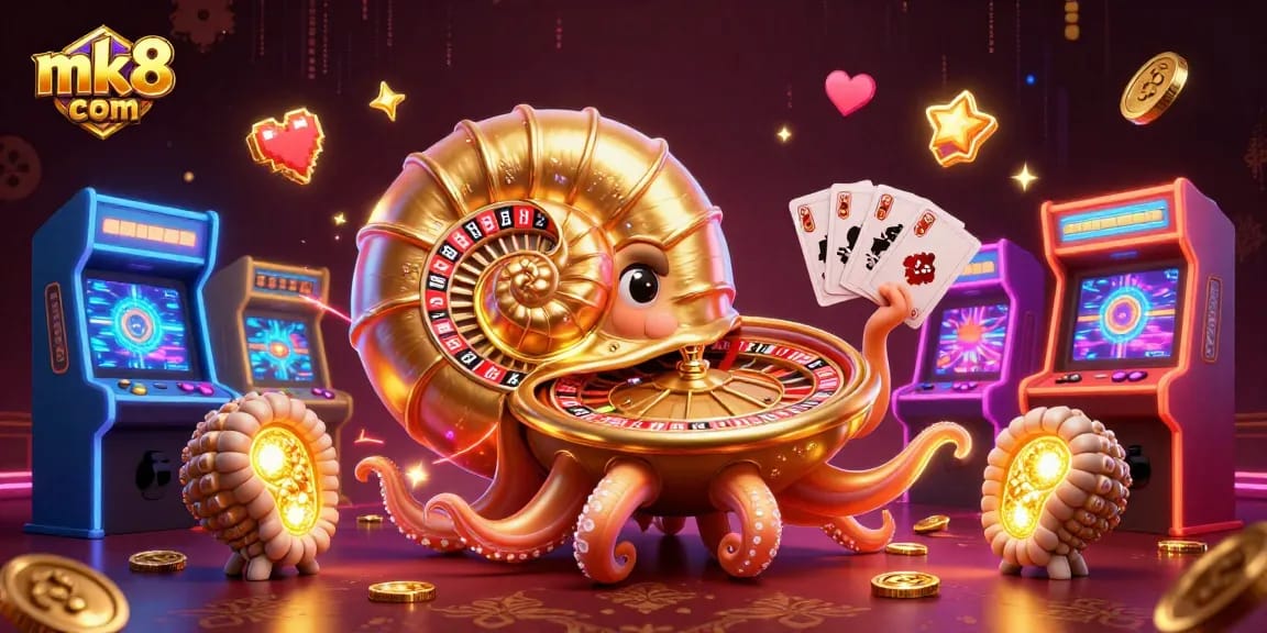 Engage with exciting games at mk8 com featuring a giant nautilus roulette and colorful arcade elements.