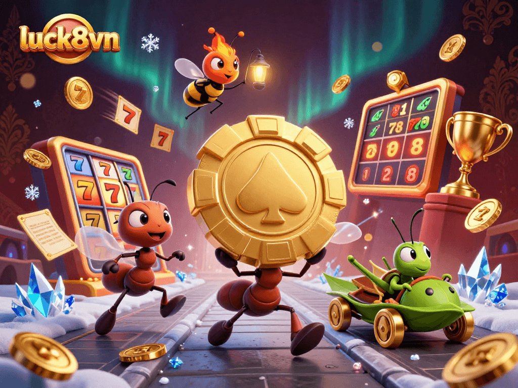 Experience the excitement of luck8vn with animated ants carrying a giant poker chip amid dynamic casino elements.