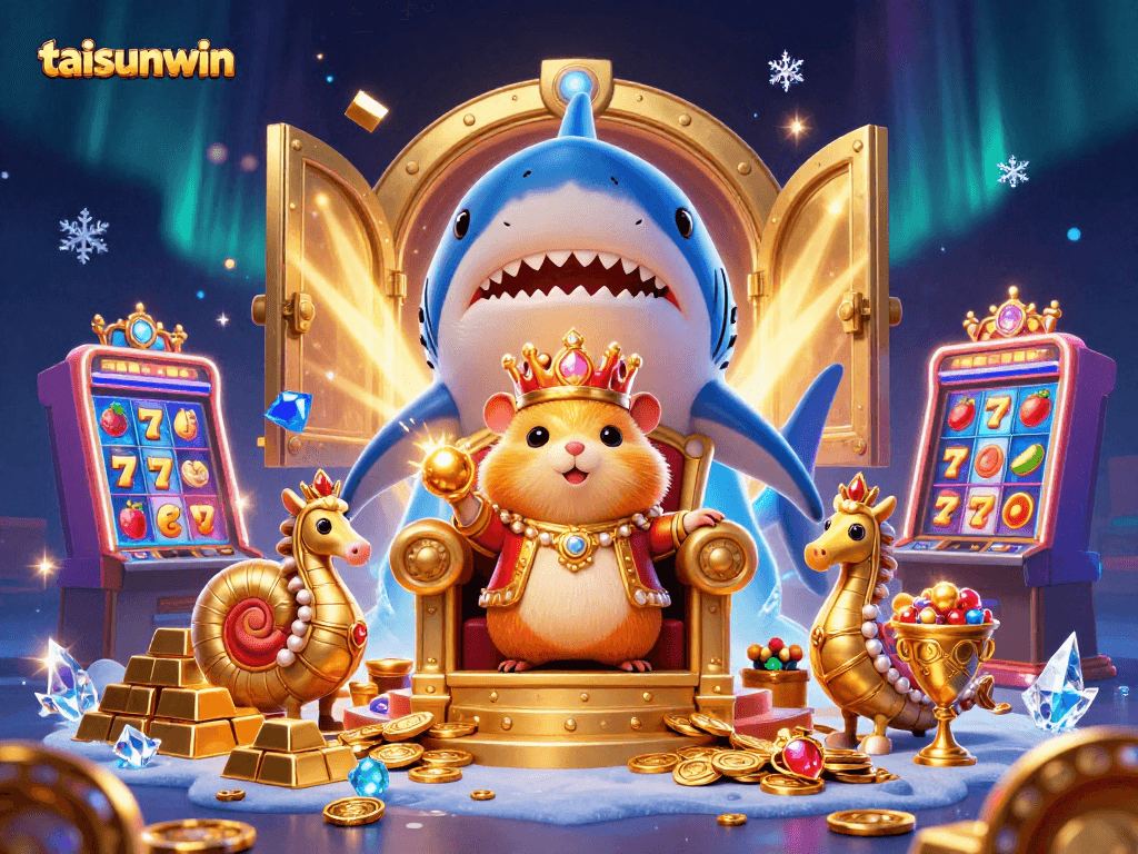 Taisunwin slots themed illustration with playful characters and vibrant treasures.