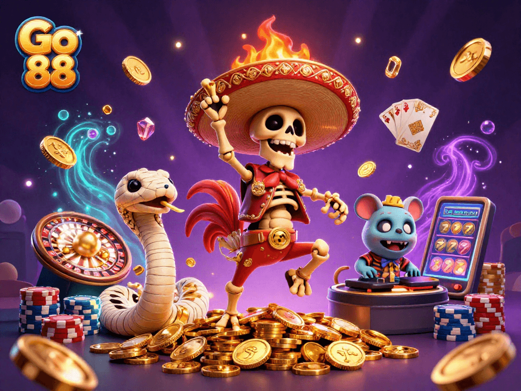 Engage with Go 88's thrilling games as a colorful 3D scene bursts with excitement.