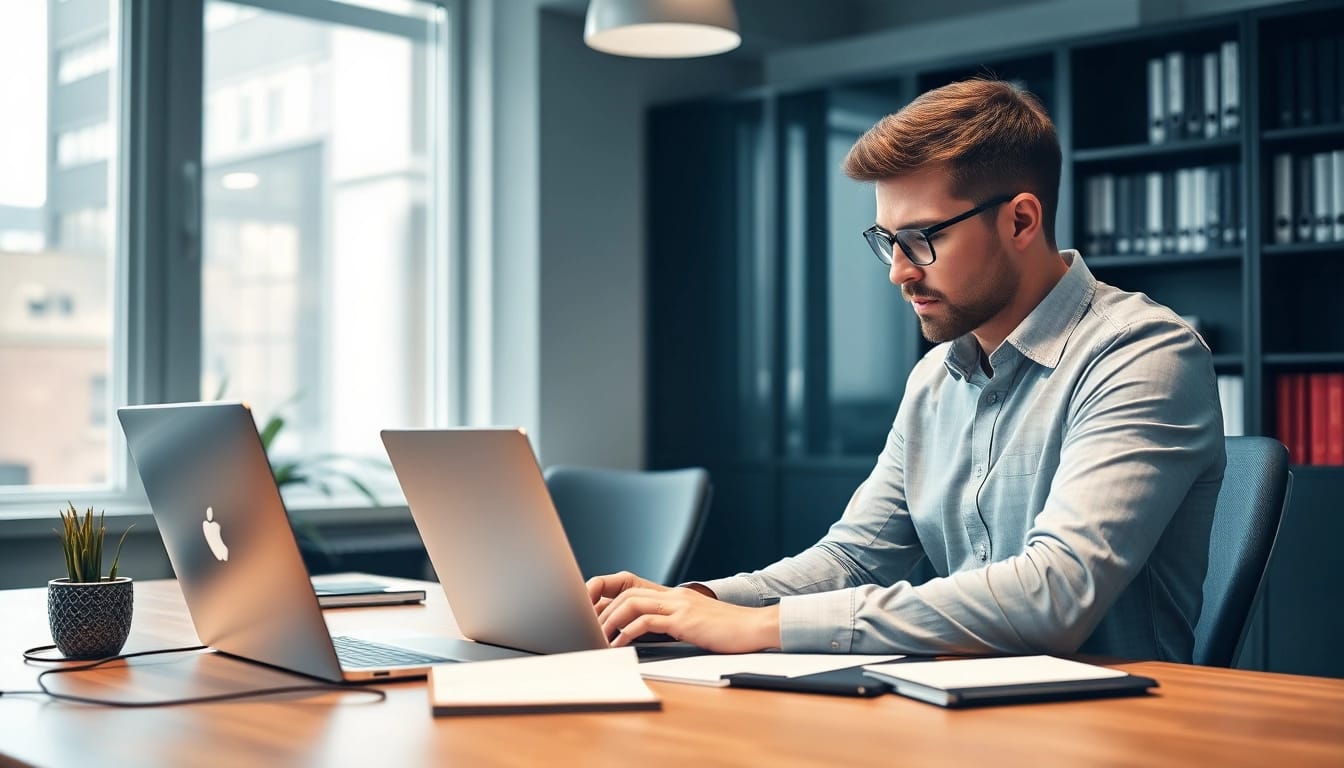 Headhunter arbeitet konzentriert am Laptop, um qualifizierte Kandidaten zu rekrutieren.