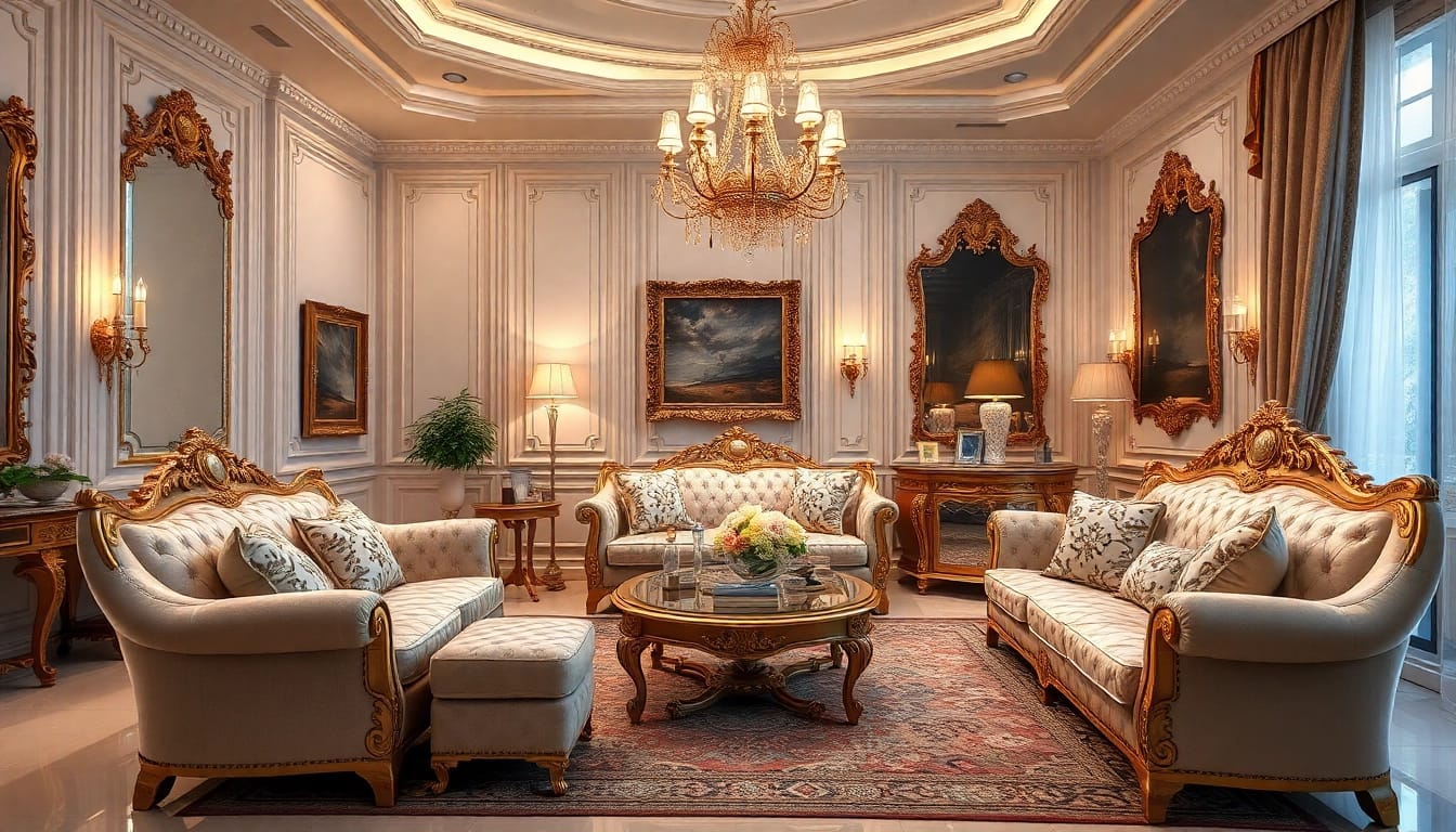 Luxury living space featuring plush furniture and warm lighting for a sophisticated ambiance.