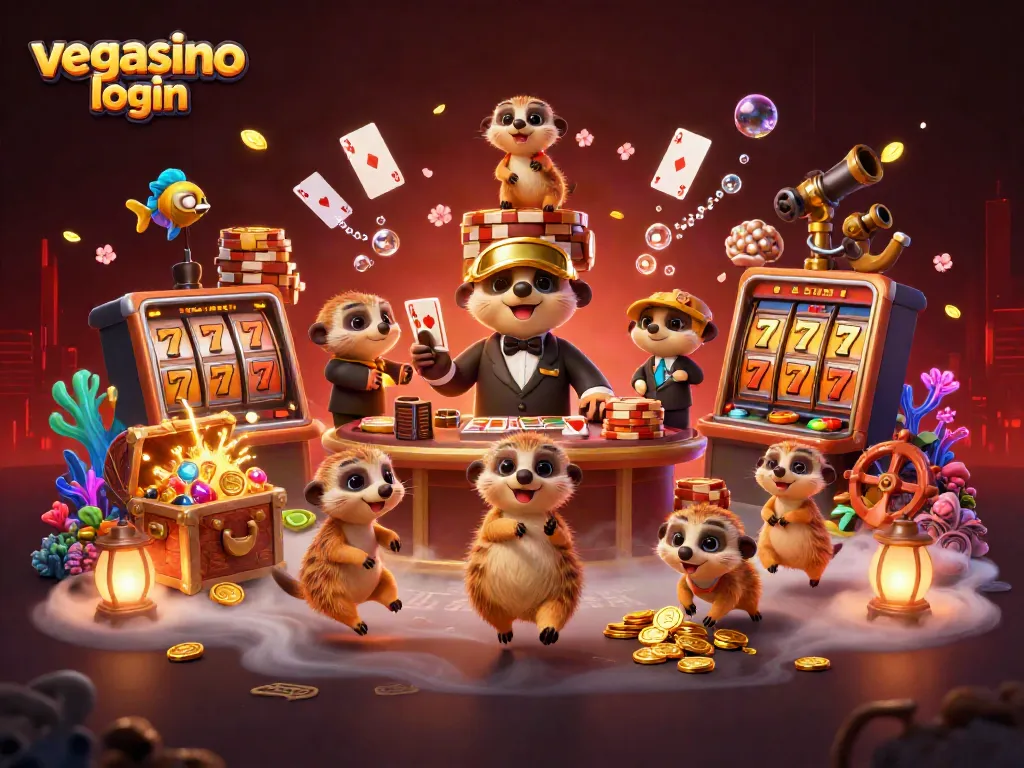 Experience the excitement of vegasino login with playful meerkats running a casino, surrounded by vibrant game elements.