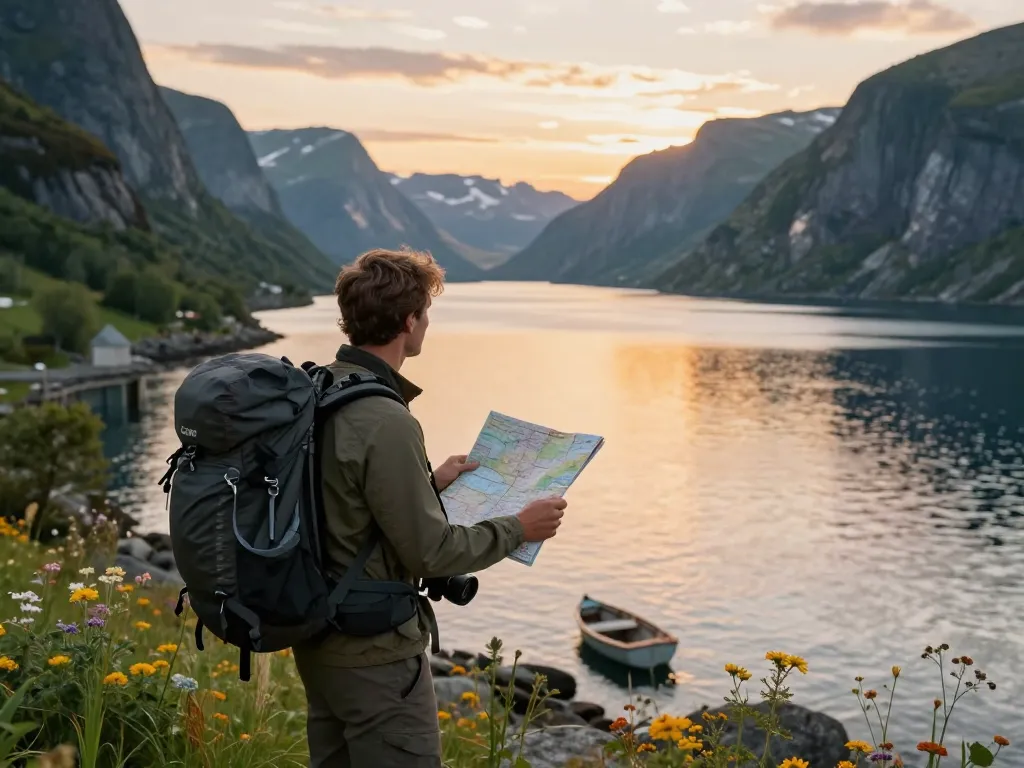 Malersicher Fjordblick für Skandinavien Reisetipps mit Reisenden, die die Natur erkunden.