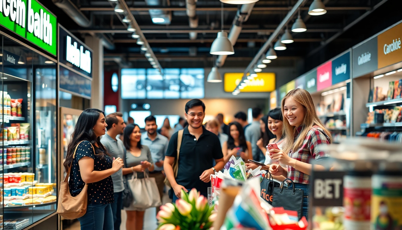 Shoplinks 4u customers enjoying a vibrant shopping experience in a lively marketplace.