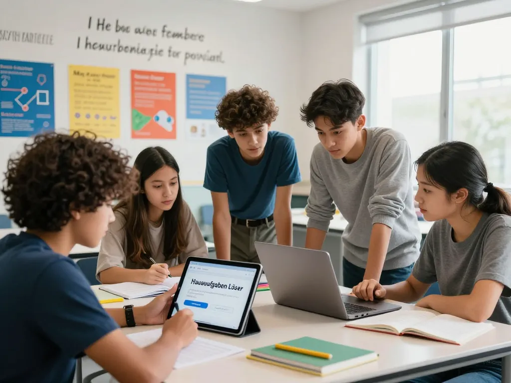 Schüler nutzen die Hausaufgaben Löser-App in einem lebhaften Klassenzimmer