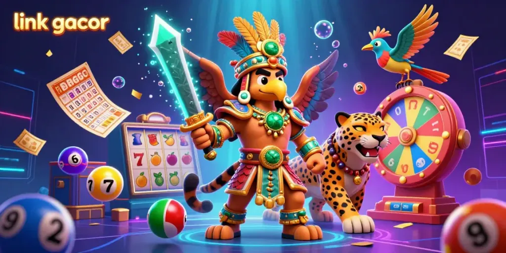 Players explore link gacor with detailed Aztec warriors and dynamic slot elements in a vibrant casino illustration.