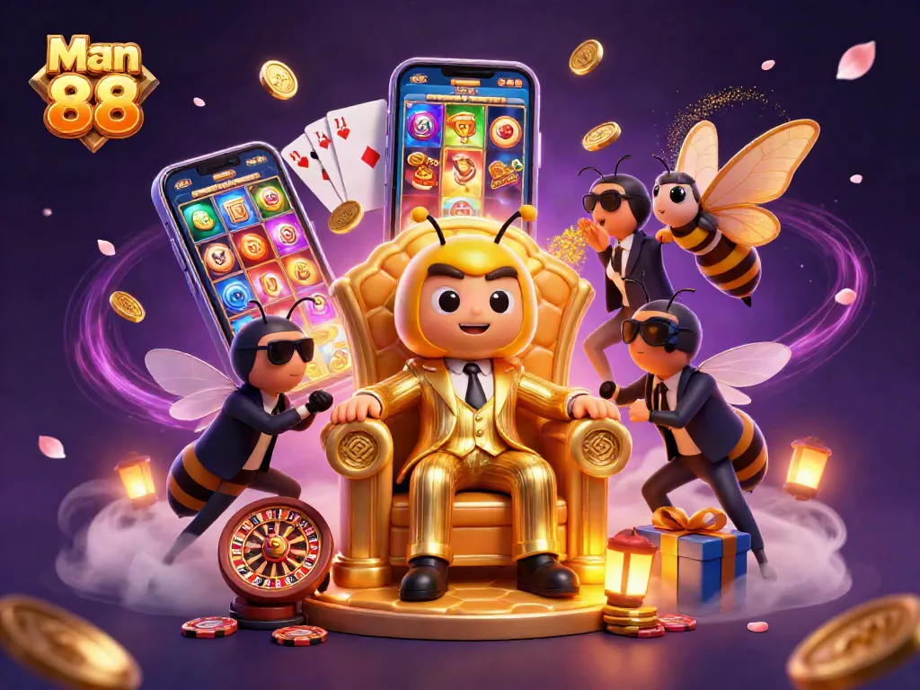 Engaging players at Man 88 with a vibrant casino scene featuring dynamic game elements and lively characters.
