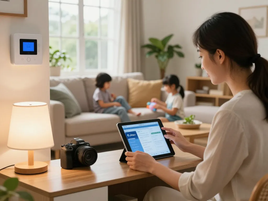 Hausbesitzer, der mit der Ajax Alarmanlage auf einem Tablet in einem gemütlichen Wohnzimmer interagiert, und moderne intelligente Sicherheit zeigt.