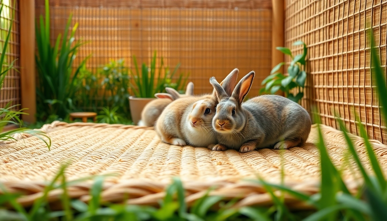 Rabbits playing on a comfortable Hanfmatte in a natural and cozy environment.