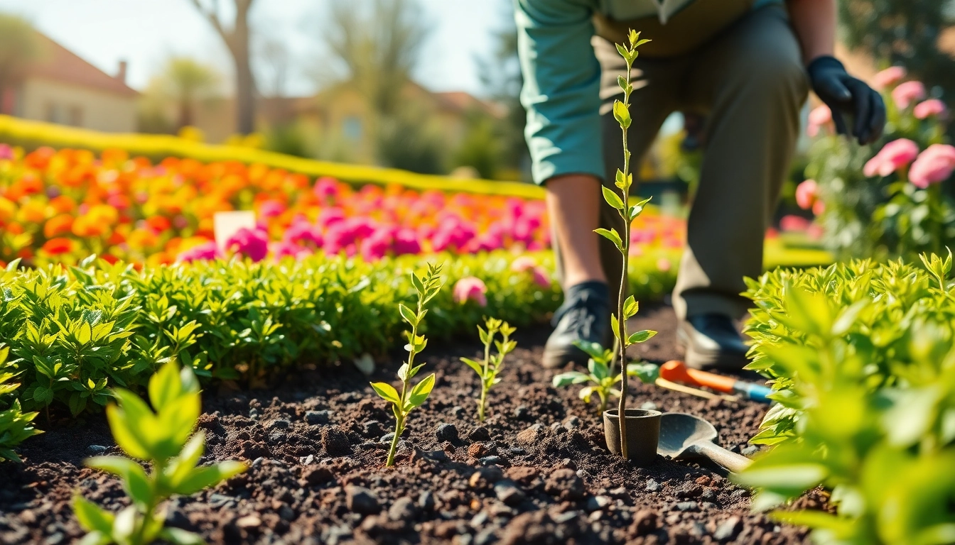 Gartenbaubetrieb bei der Pflege eines blühenden Gartens mit bunten Pflanzen und Sträuchern.