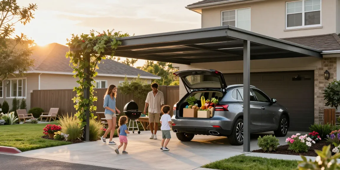 Moderne Carport-Lösung für Familien in einem schönen Garten mit Kindern.